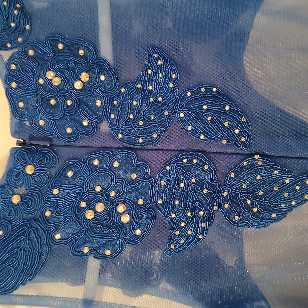 Anny Lee Blue Sequined Lace Wedding Prom Cocktail Evening Gown Dress Small - Picture 13 of 15